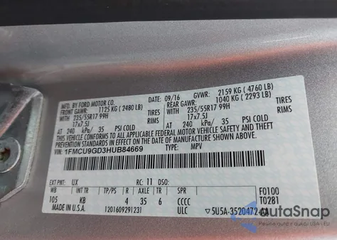 2017 Ford Escape Se from USA, damaged, VIN 1FMCU9GD3HUB84669